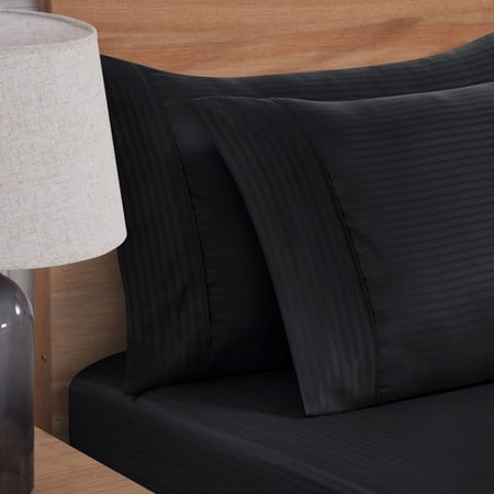 MAINSTAYS SUPER SOFT BRUSHED MICROFIBER BED SHEET SET, RICH BLACK EMBOSSED STRIPE, FULL, 4 PIECE