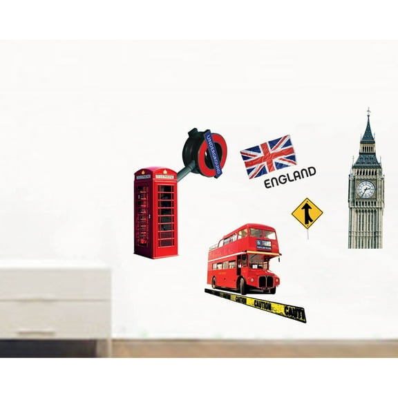 Big Ben Telephone Box Double-Decker Bus Wall Decal Sticker - DIY PVC Removable Transparent Film Self-Adhesive Mural Art Wall Decor for Living Room, Bedroom Kids Room Nursery TV Sofa Background