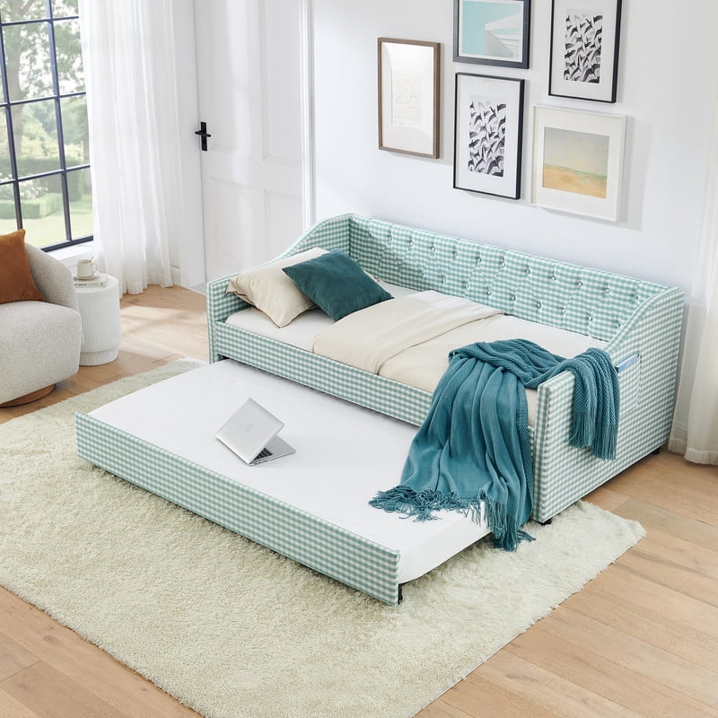 Twin Size Daybed with Pop Up Trundle, Gingham Upholstered Daybed Frame with Tufted Button Backrest and Side Storage Pocket, Modern Sofa Bed for Living Room Bedroom