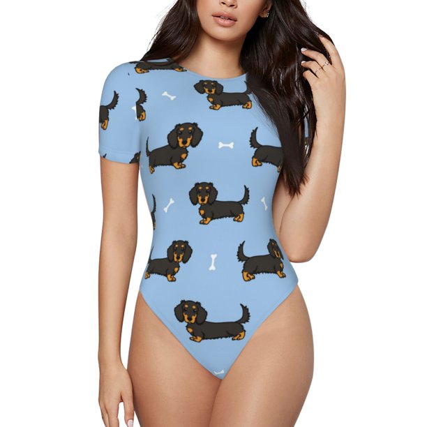 Balery Dachshund Dog Body de cuello redondo de manga corta para mujer Tops de manga corta Tops básicos-X-Large