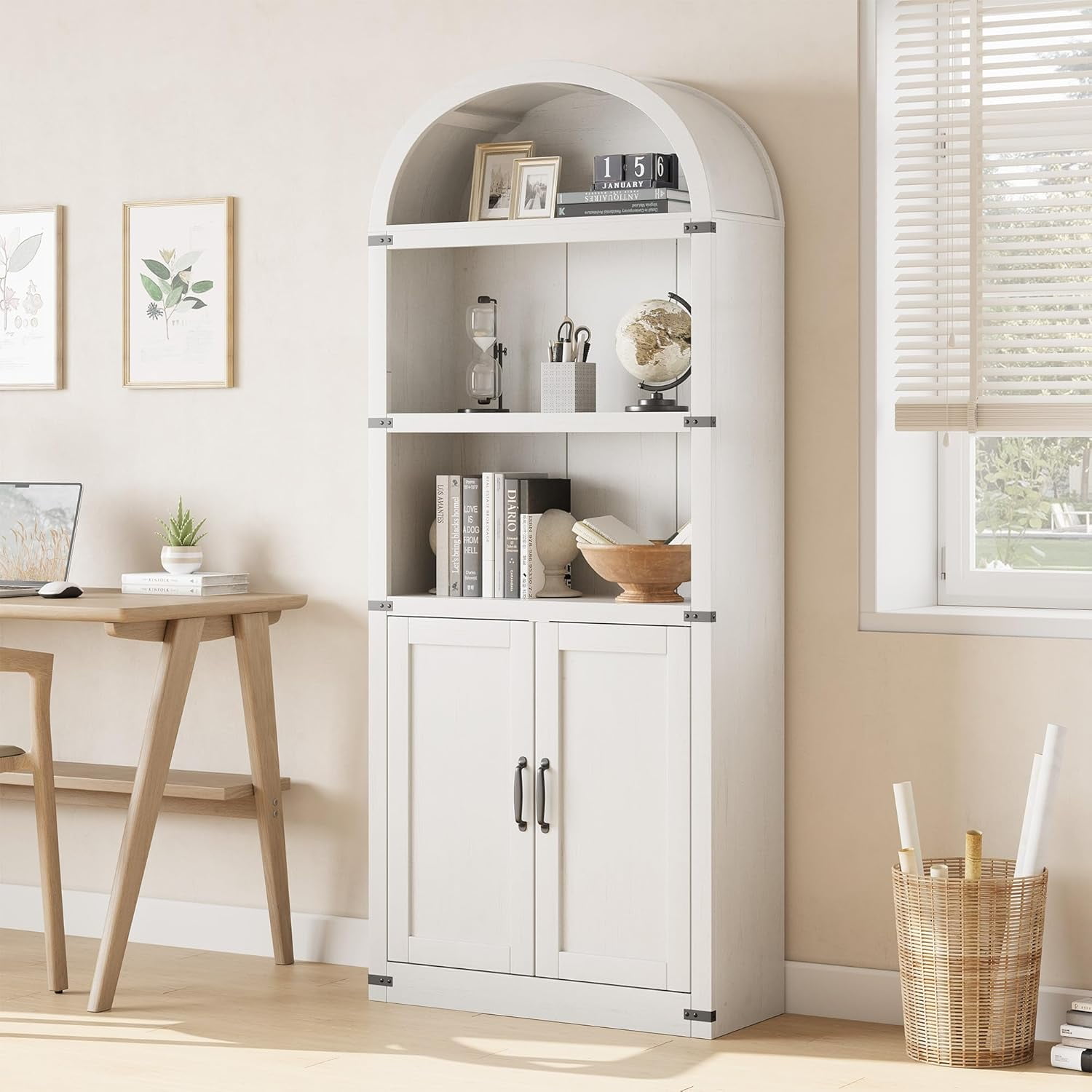 Accreate Bookcase with Doors Arched Bookshelf 71.65in Tall Bookcase Farmhouse Cabinet with Shelves Wooden Bookshelves for Home office, Living Room