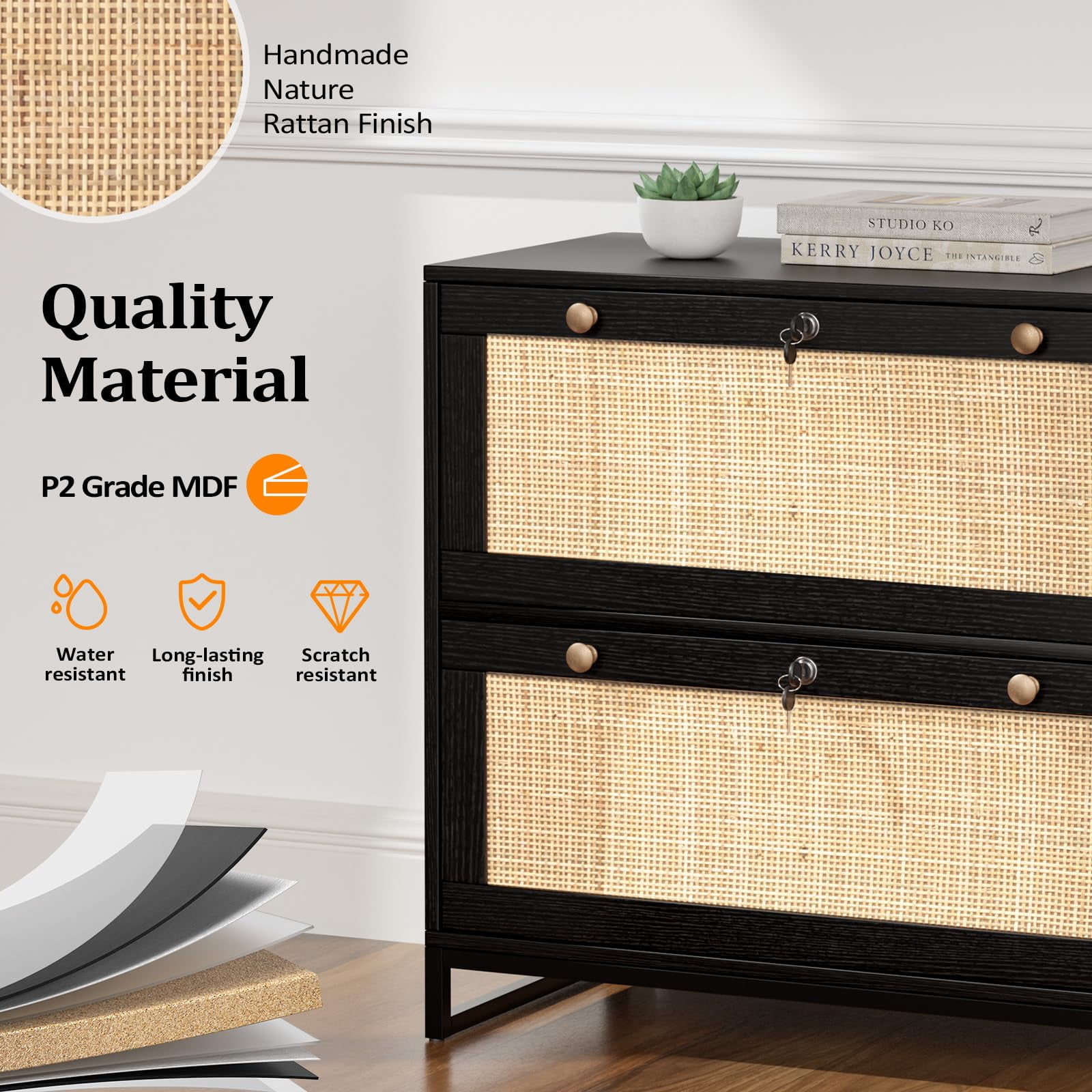 Ktaxon Rattan 2 Drawer Lateral File Cabinet with Lock, Wood Locking File Cabinets for Home Office, Black