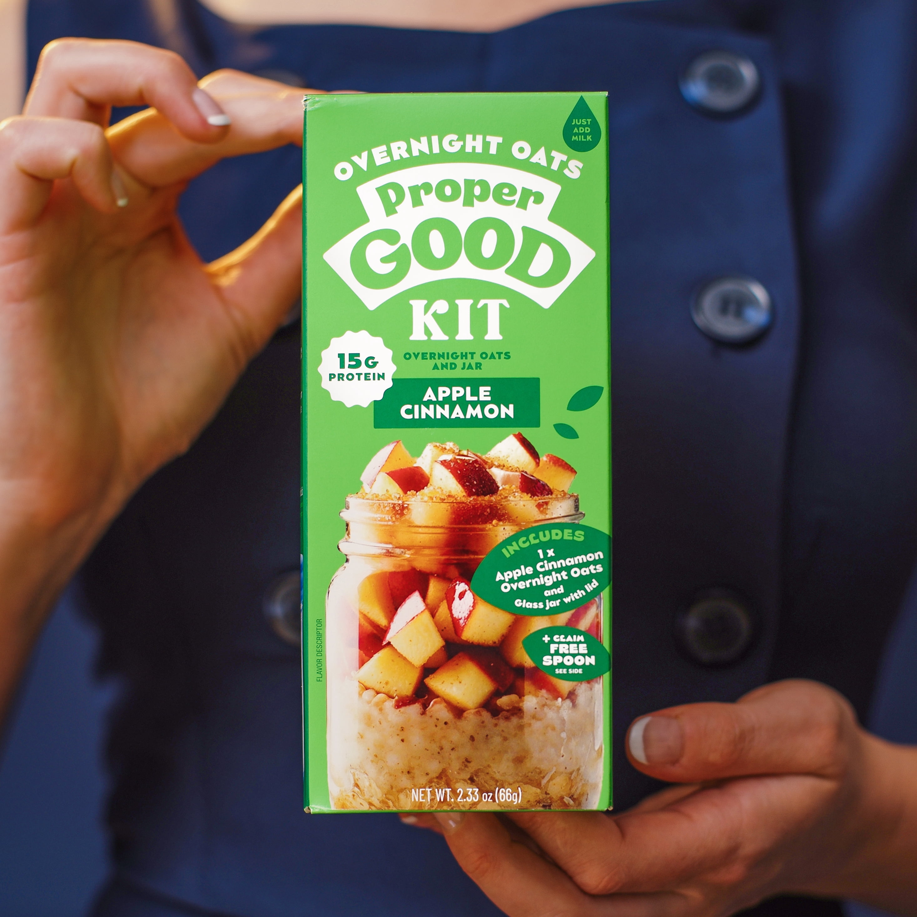(4 pack) Proper Good Apple Cinnamon Overnight Oats Kit, 15g Protein, Shelf-Stable, 2.33 oz Packet, Glass Jar