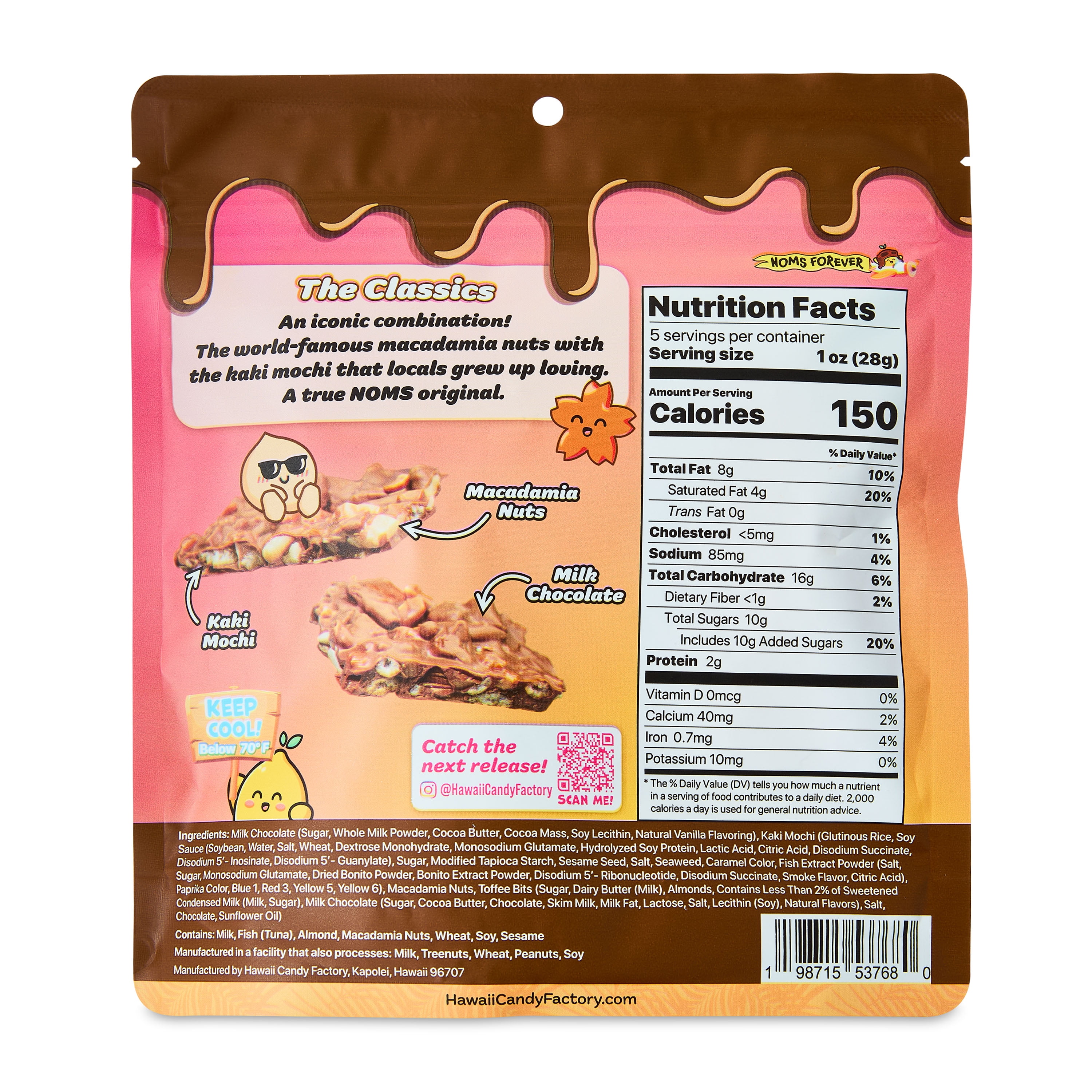 NOMS Mac Nut Kaki Mochi Chocolate Bark, 5.1 oz Resealable Bag
