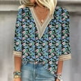 thumbnail image 2 of CYMMPU 3/4 Sleeve Blouses for Women Dressy Casual Tunic Tops Summer Trendy Shirts Loose Fit Floral Printed Spring Tops Lace V Neck Business Elegant Work Tops T-Shirts Navy L, 2 of 5