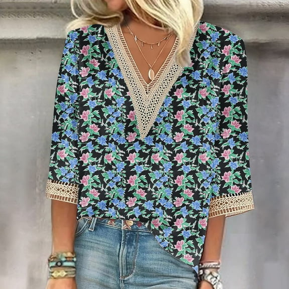 Jsaierl Tops for Women 3/4 Sleeve Plus Size V Neck Lace Shirts Dressy Graphic Petite Blouses Going Out Loose Fit T-shirts Top S-3XL