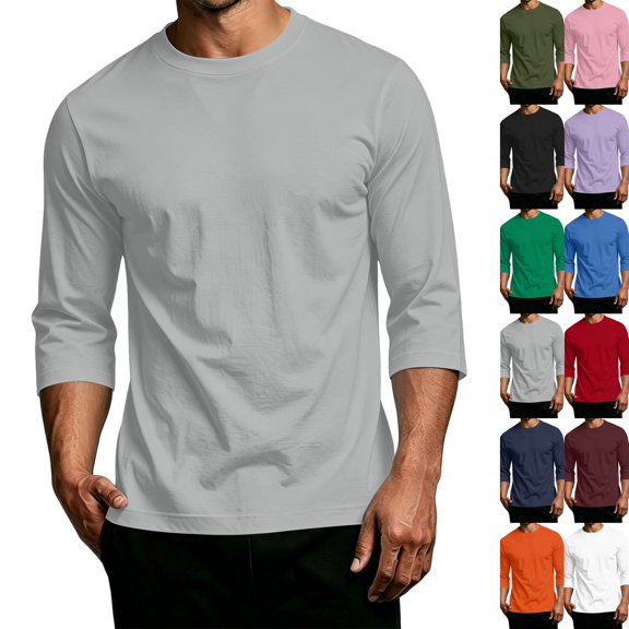 Men Crew Neck 3/4 Sleeve Casual Athletic Basic Tee Shirts Gray 3XL
