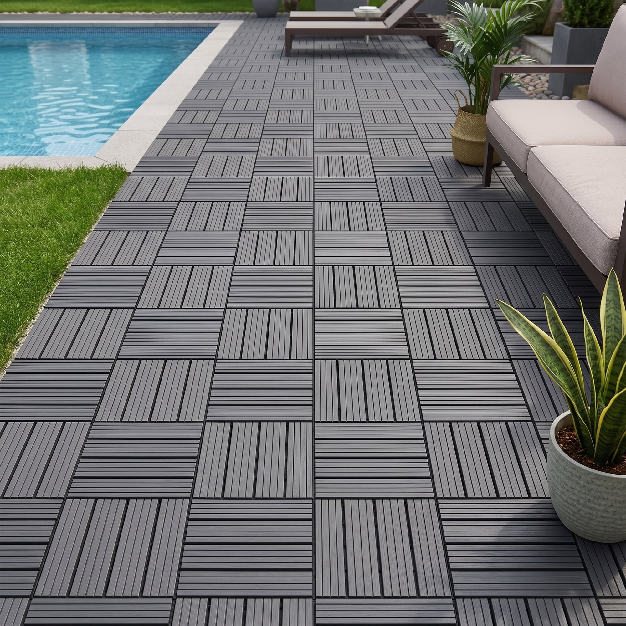 Interlocking Deck Tiles 12x12 in, Waterproof Non-Slip Outdoor Patio Flooring with Drainage Design, Snap Together Tiles for Poolside Porch Garden Backyard, Gray, 44pcs