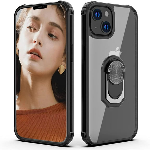 Compatible with iPhone 13 6.1 inch Case, Crystal Clear Ring Holder Military Grade Protective Shockproof Silicone Phone Cover for iPhone 13 6.1 inch, Black
