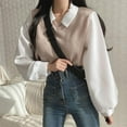 thumbnail image 4 of WXLWZYWL Womens Fake Two Piece T-Shirt Splicing Long Sleeved Sweatshirt Loose Thread Versatile Top, 4 of 6