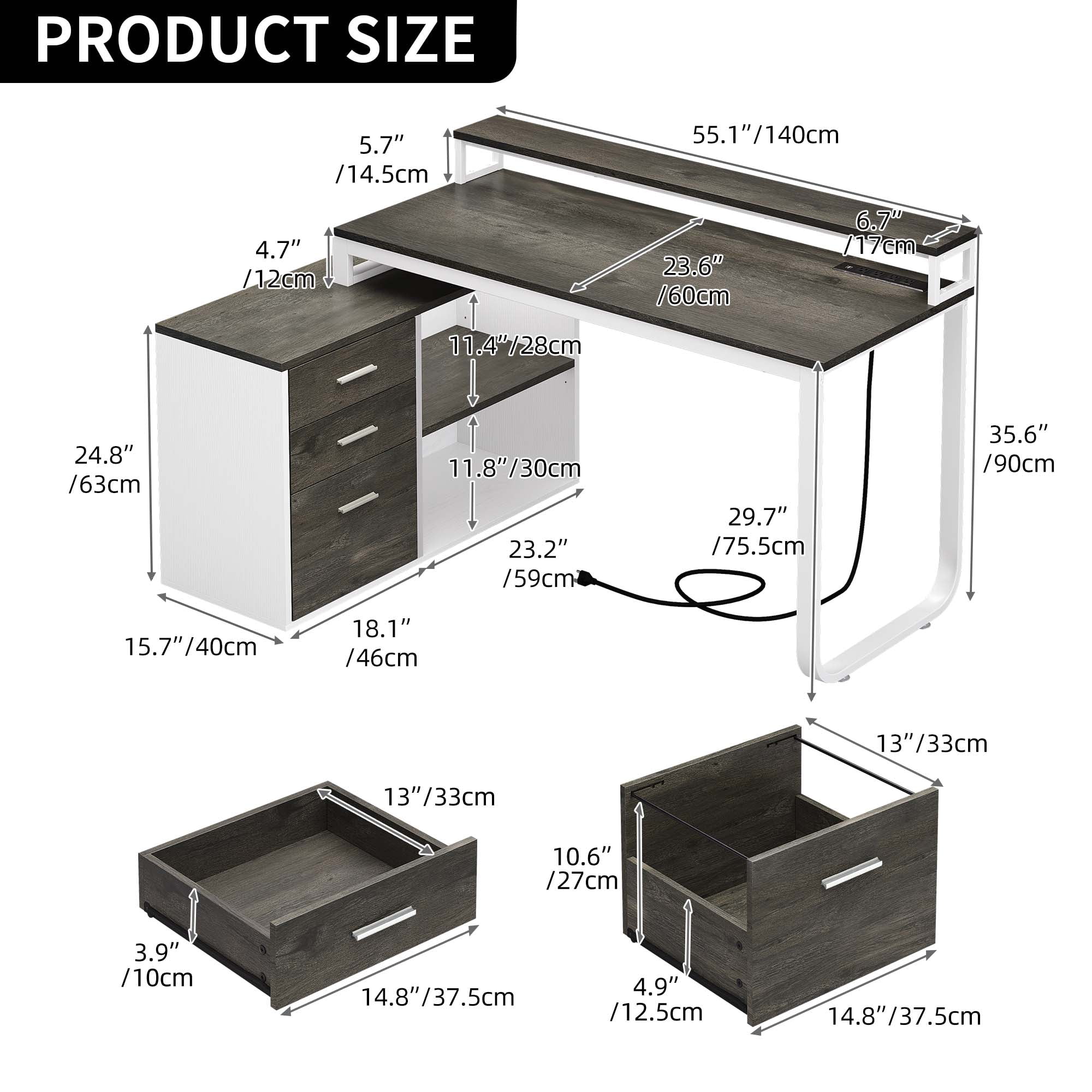 Dextrus 55" L Shaped Desk with Power Outlets and Monitor Stand , Computer Desk with LED Light &File Cabinet, Corner Desk with 3 Drawers, Gray & White