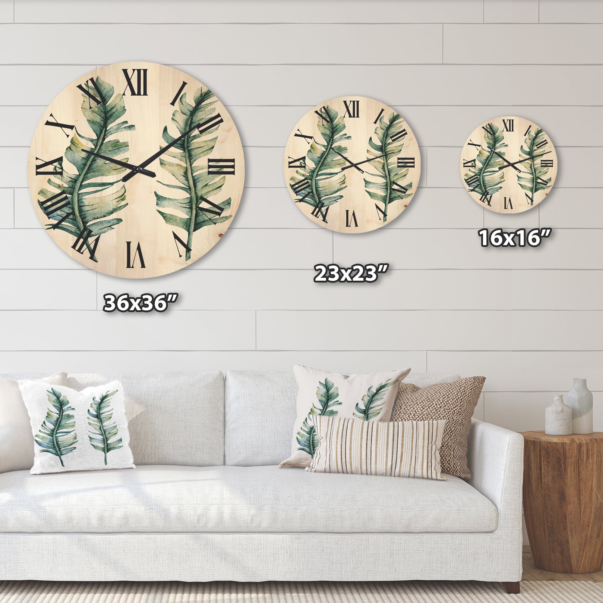 Designart 'Duo of Tropical Leaves On White' Farmhouse Wood Wall Clock