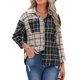 thumbnail image 3 of VISgogo Camisas de solapa con botones para mujer, blusas informales de manga larga con estampado de cuadros de colores en contraste VISgogo  moda, 3 of 9