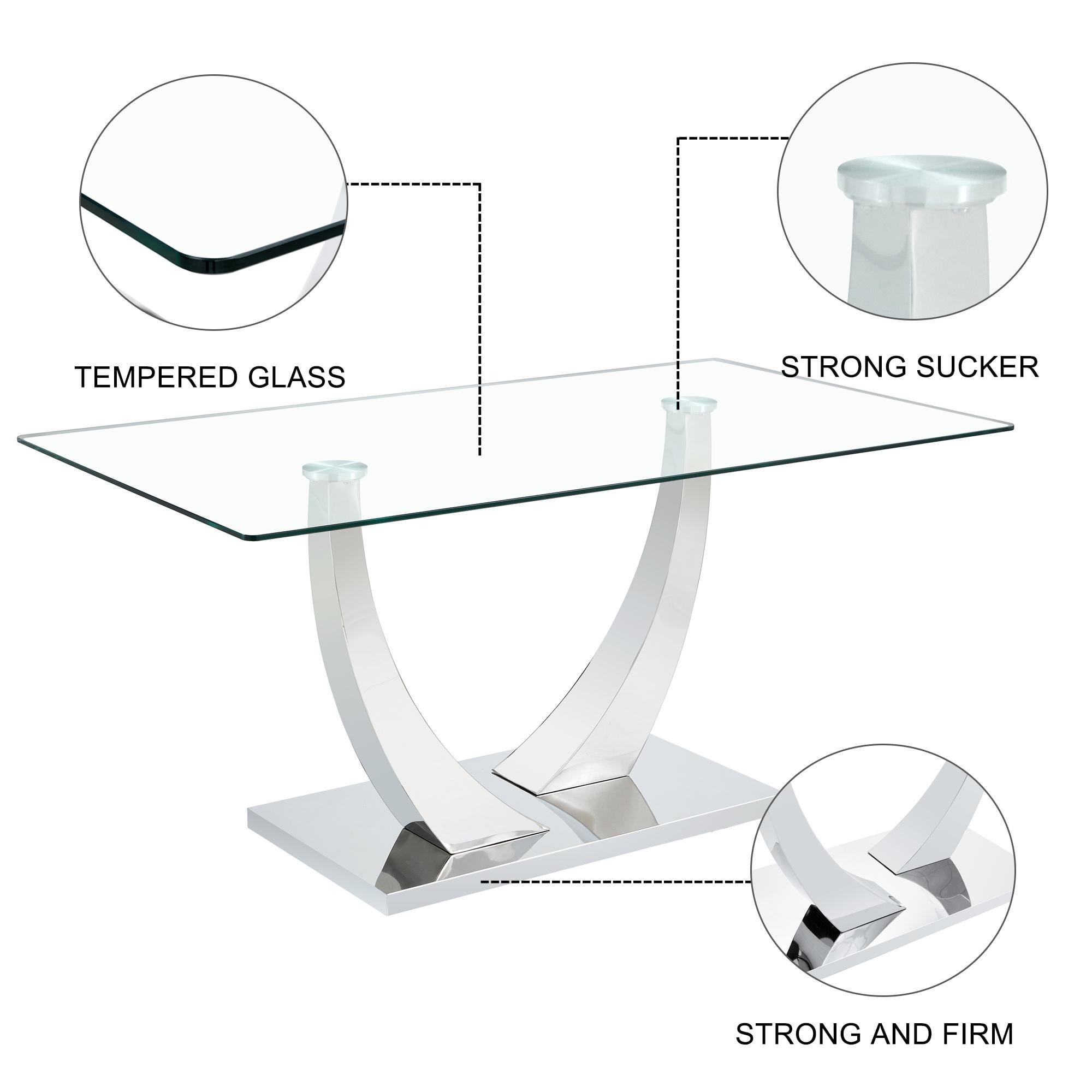 Sumdeal 63" Glass Dining Table Set for 4,Modern Dining Room Table Set for 4, Kitchen Table and PU Leather Chairs Set for 4, Dinner Table with Rectangle Tempered Glass Top and Chrome Silver Base