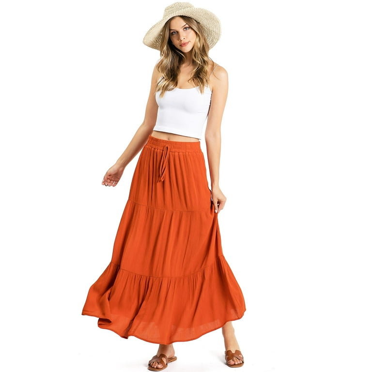 Ambiance Women s Juniors Boho Broomstick Maxi Skirt Rust Medium