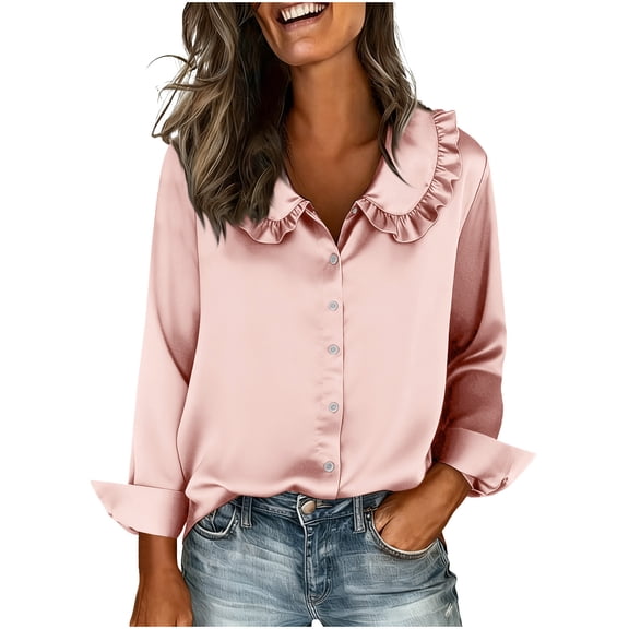 Maplenight Satin Silk Shirts for Women Dressy Casual Button Down Shirt Lapel Long Sleeve Office Work Tops