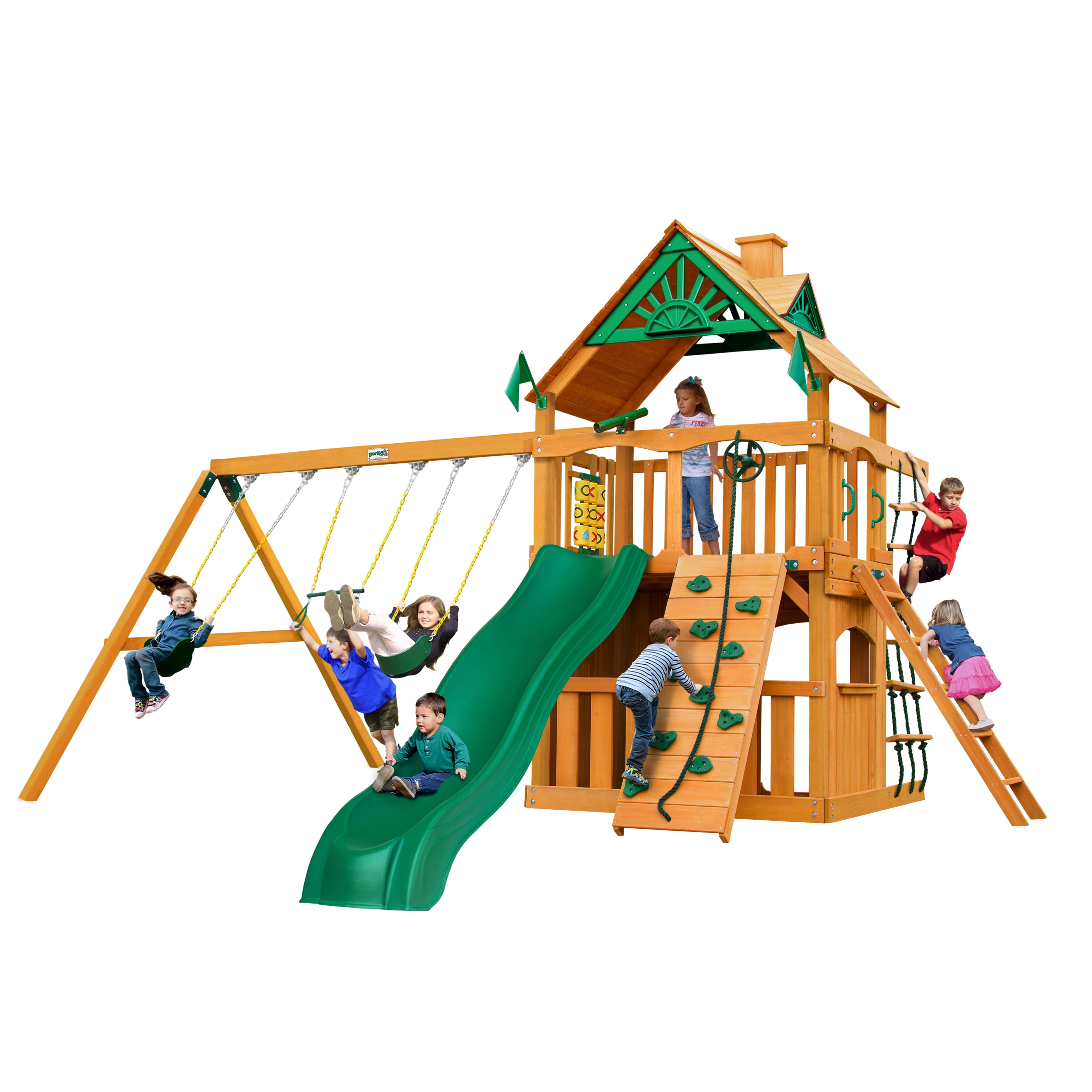 Gorilla Playsets Chateau Clubhouse Wooden Swing Set with 2 Swing Belts