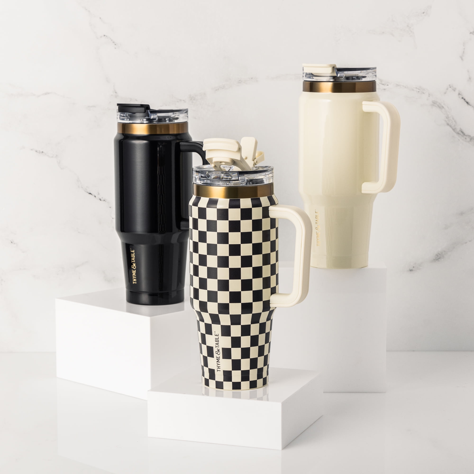 Thyme & Table 32oz Tumbler with Handle, Dual Straw Lid, Stainless Steel Double Wall Insulated, Cream