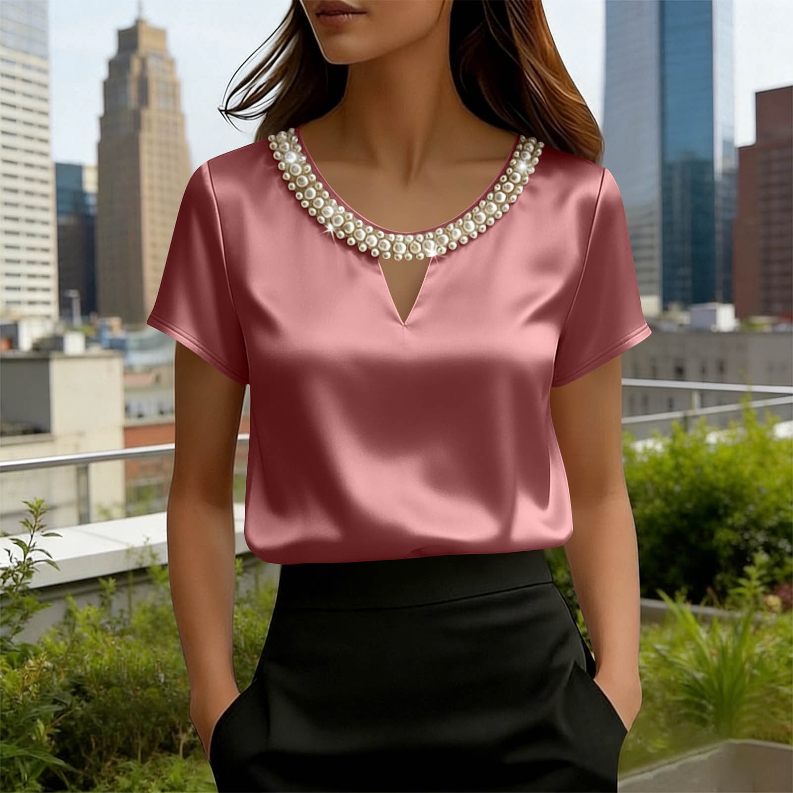 Uootdi Women's Tops Pearl Decor V Neck Short Sleeve Satin Solid