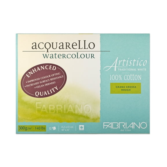 Fabriano Artistico Traditional White Watercolor Block, 140 lb./300 gsm, Rough, 10 Sheets, 18" x 24"