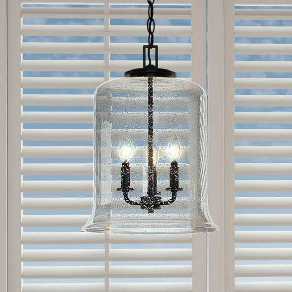 Luxury French Country Indoor Pendant, 17.125''H x 12.875''W, with English Country Style Elements, Colonial Design, Midnight Black Finish and Clear Seeded, UHP3821
