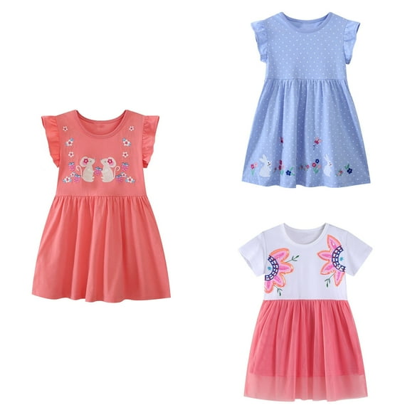 Ahuyic Little Girl Dresses,Summer Casual Dresses for Kids,Fashionable Girls' Summer Round Neck Dress Casual And Comfortable Short Sleeved Dress
