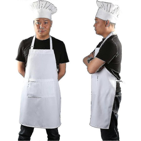 Chef Apron Set, Chef Hat And Kitchen Apron Adult Adjustable White Apron Baker
