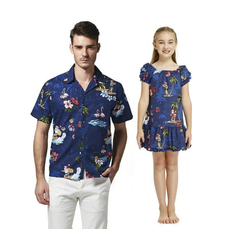 

Matching Father Daughter Hawaiian Luau Dance Shirt Simple Muumuu Dress Santa in Hawaii Christmas