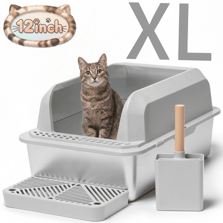 Naipo XL Stainless Steel Cat Litter Box with High Wall Side, 23.5"×15.5"×12", XL Litter Box for Small/Big/Multi Cats, with Scoop and Footboard, Gray