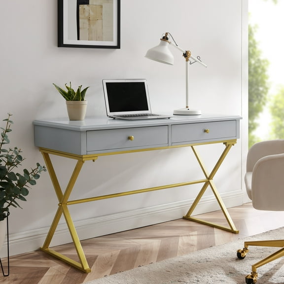 Linon Paynter 2-Drawer X-Frame Desk, 47.25" Wide, Gray Finish with Gold Metal Legs