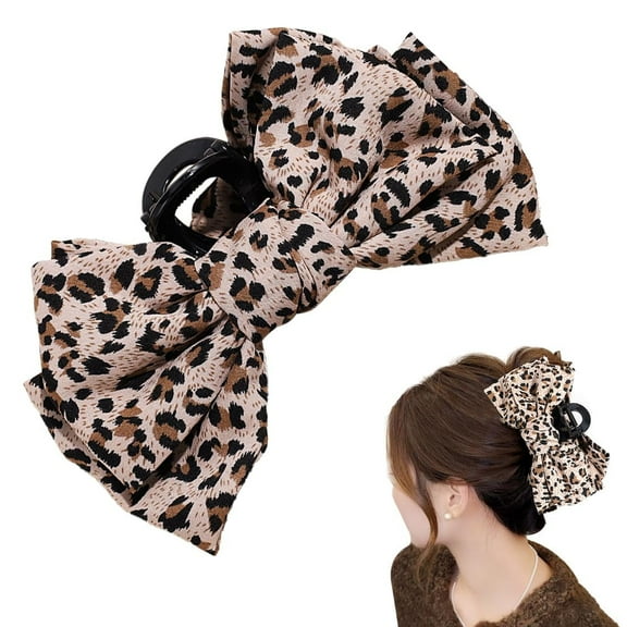 leopard bowknot hair claw clip, 5.9 inch large retro hair jaw clips, elegant hair accessories, 1 piece, brown