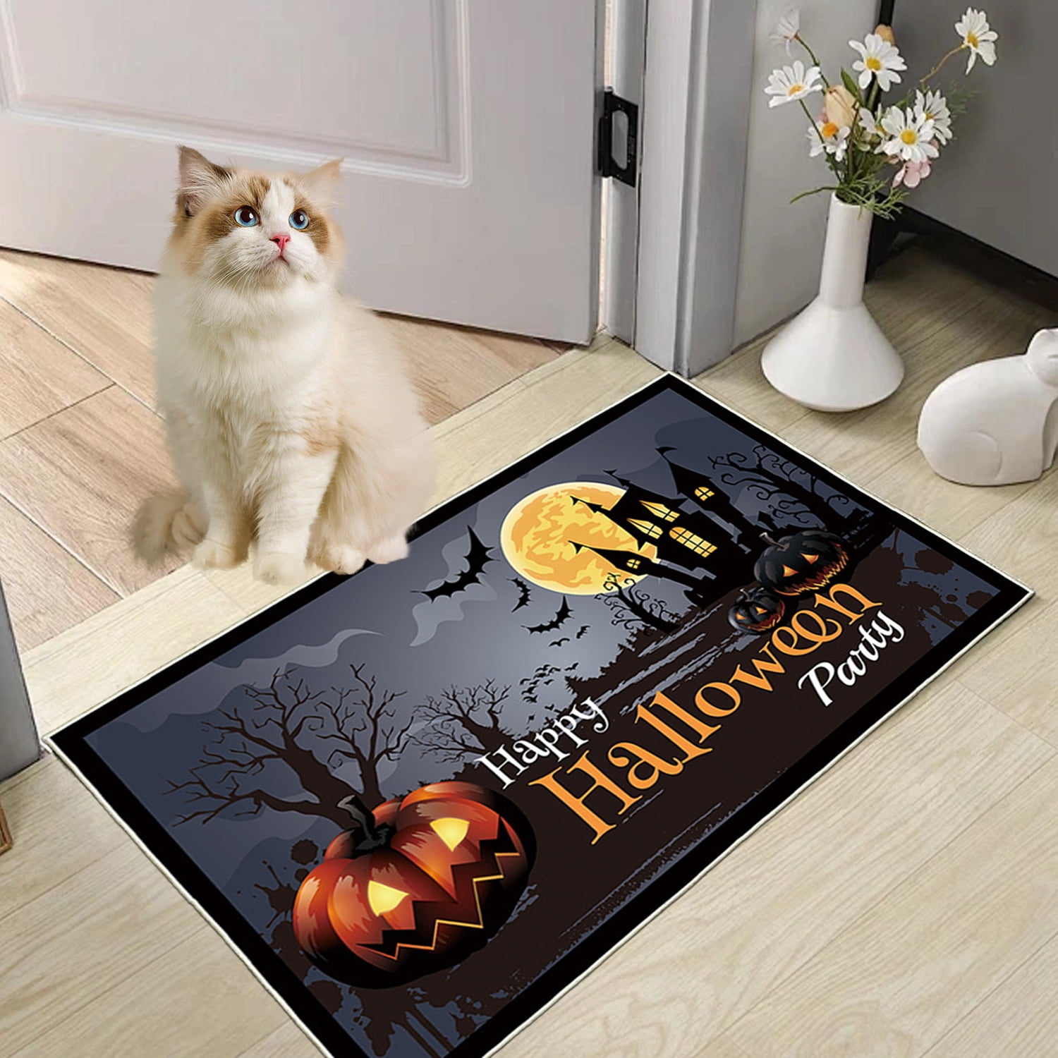 Happy Halloween Party Halloween Floor Mat Terror Pumpkin Pattern Home Décor, 24*36 Non Skid Outdoor Entrance Rug Easy Care, Absorbent Mat for Outside, Indoor Floor, Bathroom, Room Entrance Black