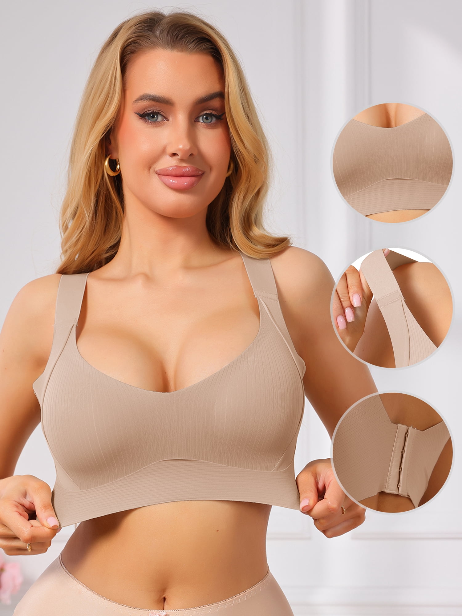 DARING DIVA Women's Deep V Seamless Wireless Minimizer Full Coverage Bra L Beige
