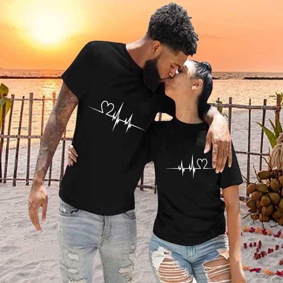 Adeawade Valentine'S Day Womens Tshirt Short Sleeve T Shirt Solid Color Heart Print Tops Round Neck Tee Cute Clothing M Black