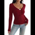 thumbnail image 3 of Camisa de Larga para Mujer, Cuello en V, Botones, Punto Acanalado, Corte Entallado, Informal, Básica, para y Otoño Vino Tinto L, 3 of 9