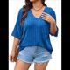 thumbnail image 2 of Camisetas con Cuello en V para Mujer, Blusas de Punto A Rayas de Media , Corte Holgado, Azul Real, Talla 5XL, 2 of 8
