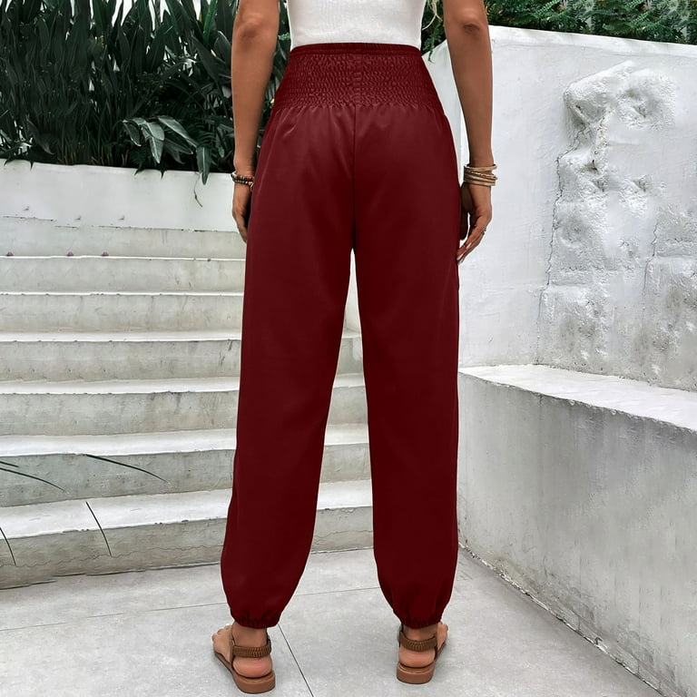 Olyvenn Fashion Womens Summer Casual Solid Color Pants Straight Wide Leg Trousers  Pants With Pocket Young Adult Love 2023 Female Fashion Wine 14 