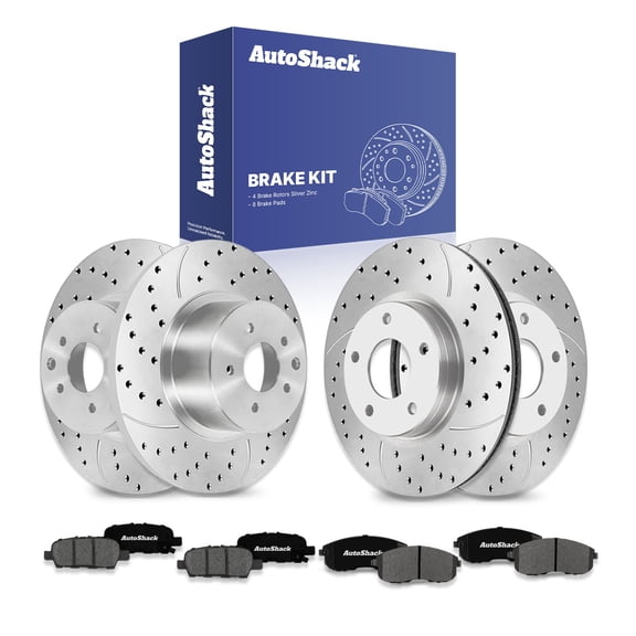 AutoShack Front Vented & Rear Solid Drilled & Slotted Silver Zinc Coated Brake Rotors   Premium Ceramic Pads 12-PC Brake Kit Replacement for 2017-2019 Nissan Sentra SilverShield Pro