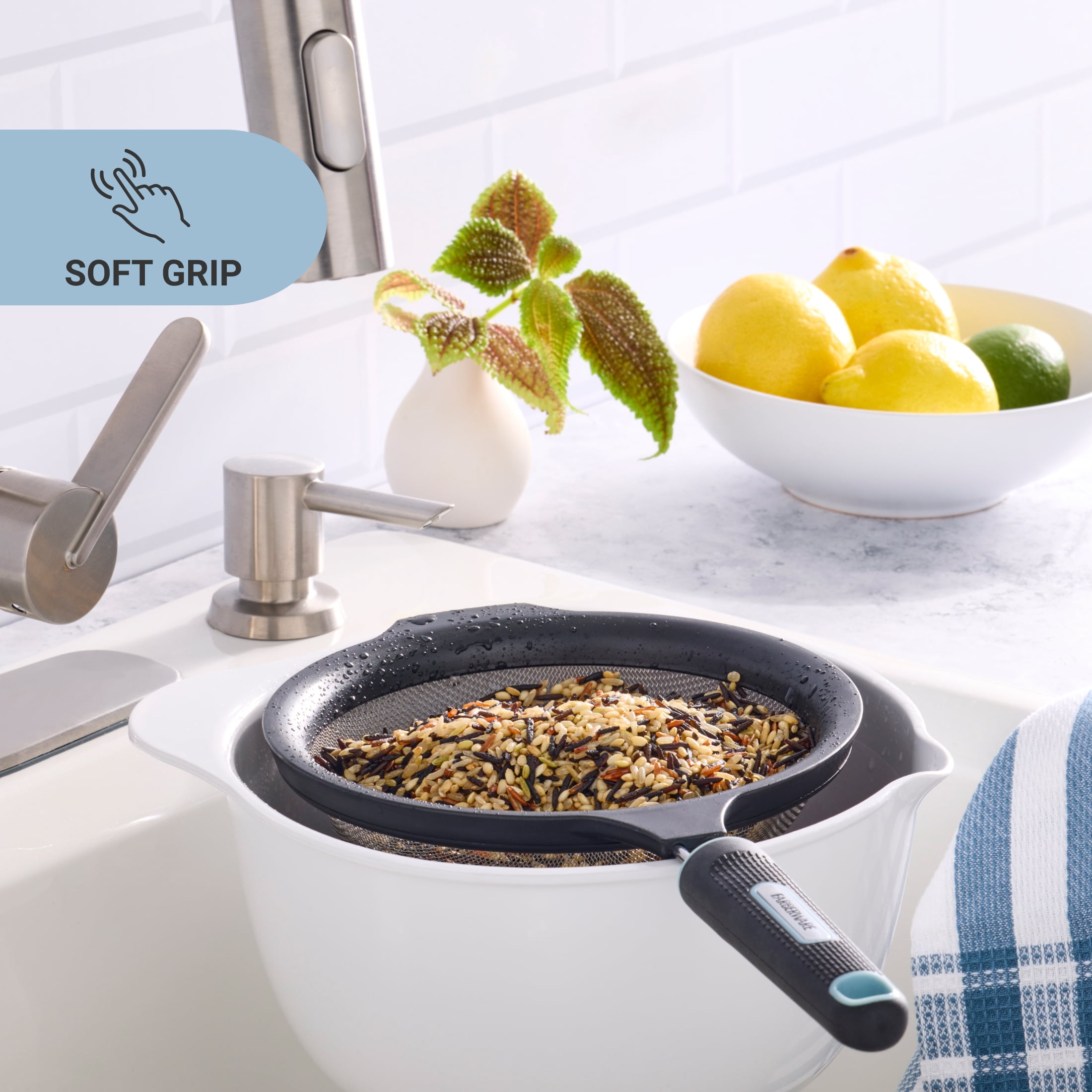 Farberware Soft Grips 7 in Stainless Steel Fine Mesh Strainer, Black with Slate Accents