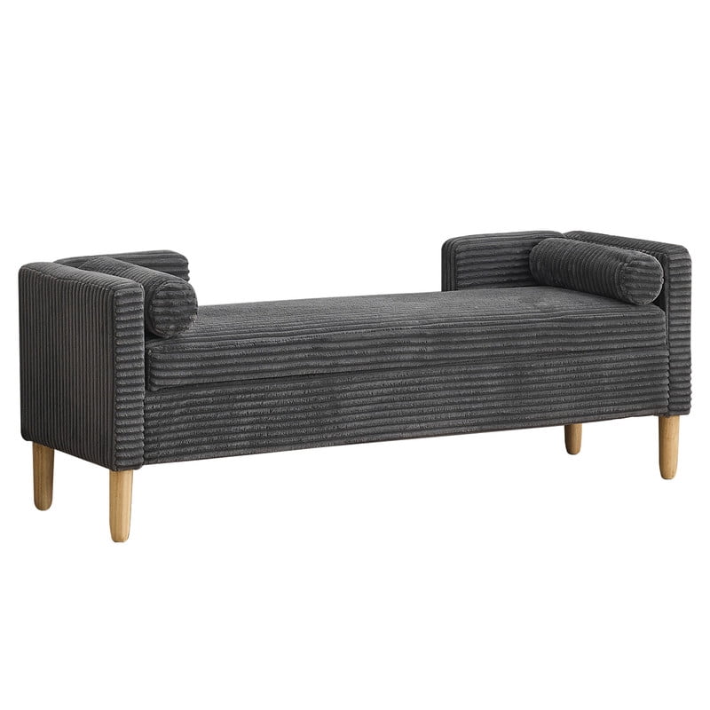 AISWORD 64.7"W Corduroy Storage Bench with Armrests & Backrest,Flip-Top Entryway End of Bed Bench, 2 Bolsters, 352 lbs Capacity, Rubberwood Legs, for Living Room,Bedroom,Hallway,Charcoal
