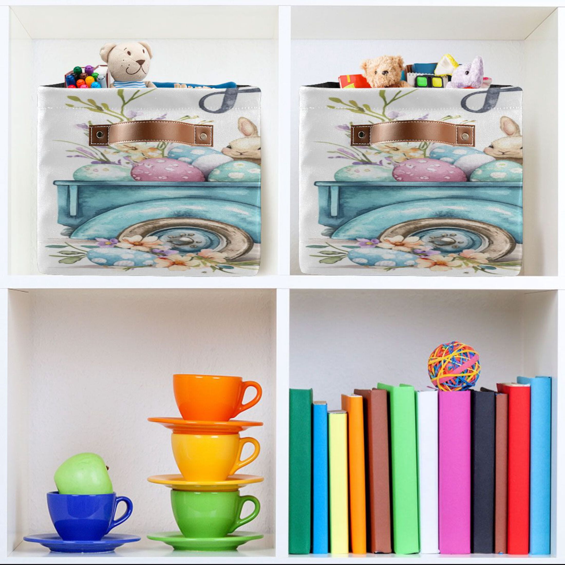 Square Storage Basket 14.2*10.2*8.3 Inch One Sizex2 Shelf Basket Open Home Storage Bins Bedroom Storage Basket Closet Storage Stylish Decor Cute Easter Bunny