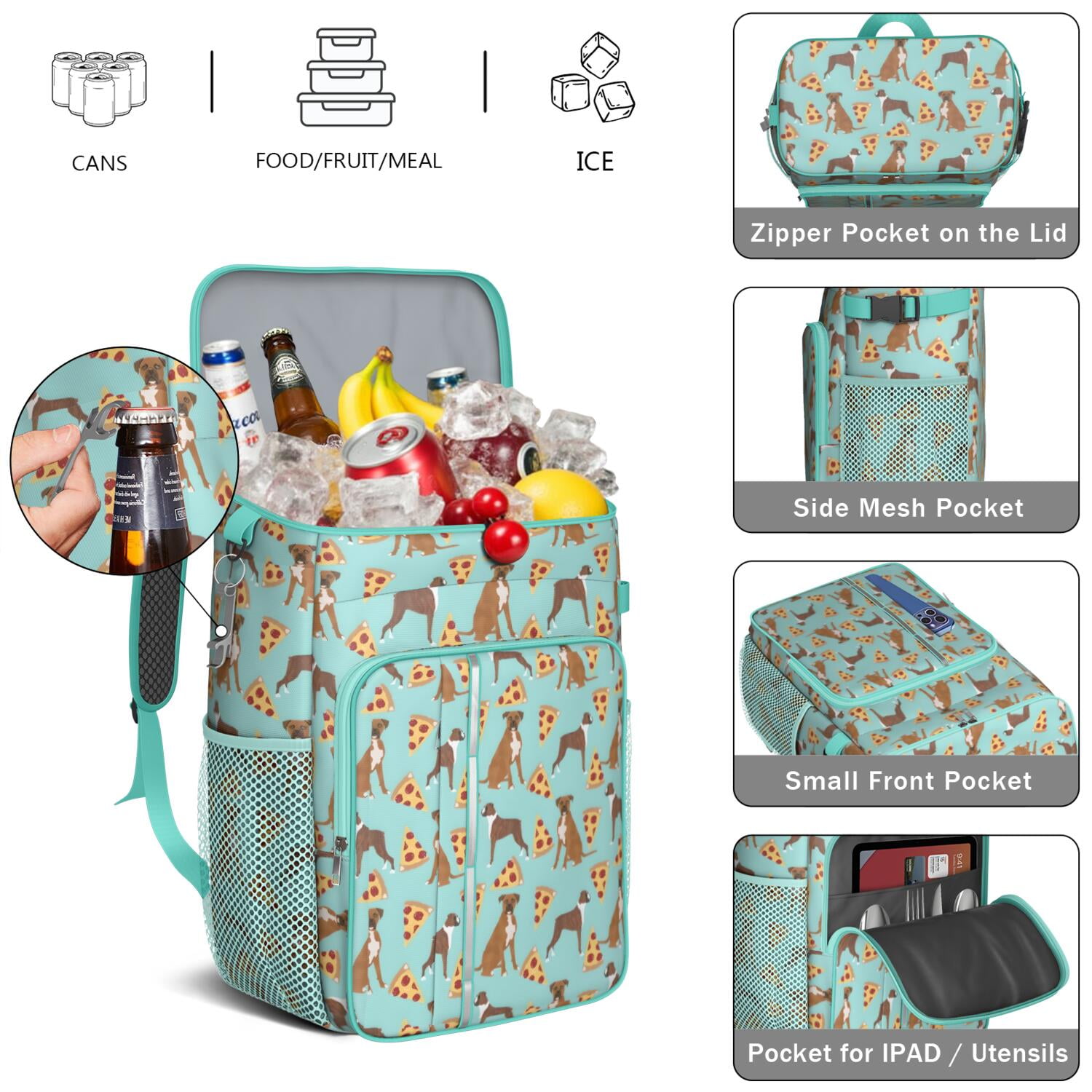 Travel Cooler Bag - Boxer Dog Pitbull Terriers Dog and Pizza Camping Beer Cooler Backpack with Bottle Opener- Waterproof Insulated Picnic Backpacks - Cooler Bag for Beach