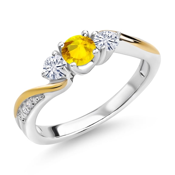 Gem Stone King 925 Silver and 10K Yellow Gold Yellow Sapphire White Moissanite and White Lab Grown Diamond 3 Stone Engagement Ring for Women (0.59 Cttw, September Birthstone, Size 8)
