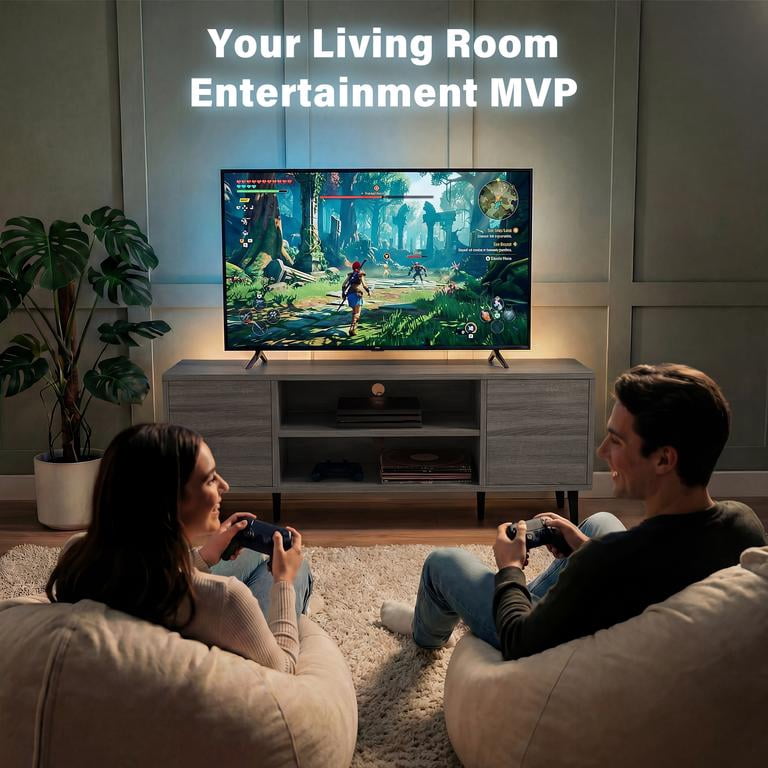 Vineego TV Stand for 55 Inch TV with 2 Push-to-Open Doors, Mid-Century Modern Media Console with Open Shelves, Entertainment Center for Living Room Bedroom, Gray