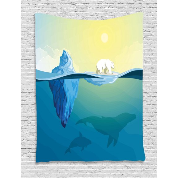 Polar Bear Tapestry, Polar Bear Standing on an Ice Floe Melting in Ocean with Swimming Whales Theme, Wall Hanging for Bedroom Living Room Dorm Decor, 40W X 60L Inches, Multicolor, by Ambesonne
