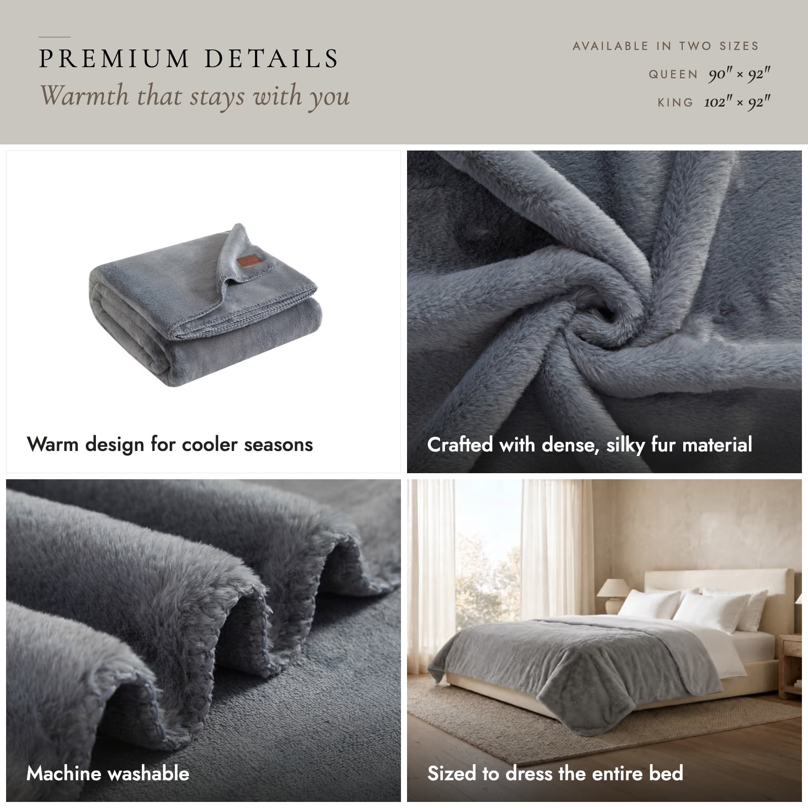 Cozy Haven Luxury Reversible Faux Fur Bed Blanket, Grey, Queen, 90 x 92 in
