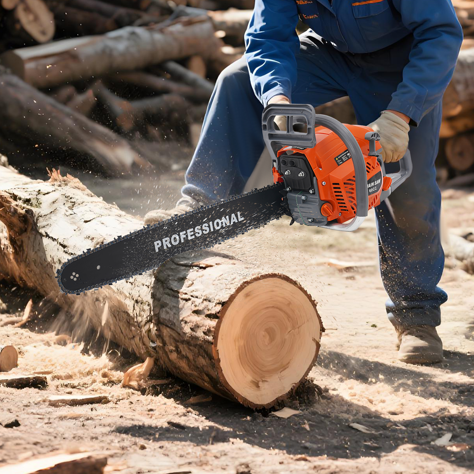 2.8kw 60cc Orange Gas Chainsaw,22in Max Cut,2-Stroke Air-Cooled,Cordless,Safe & Comfortable,Ideal for Garden & Logging