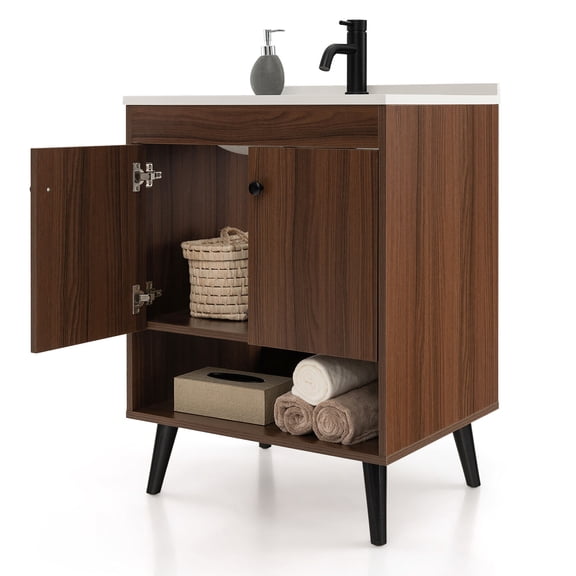 Gymax 25 Inch Wooden Bathroom Vanity Sink Combo with Open Shelf & Sink & Pop Up Drain