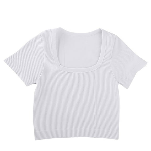 zbxnLI Womens Square Neck Crop Tops Summer Short Sleeve Top Lightweight Cute Tshirts for Women Solid Color Basic Shirt
