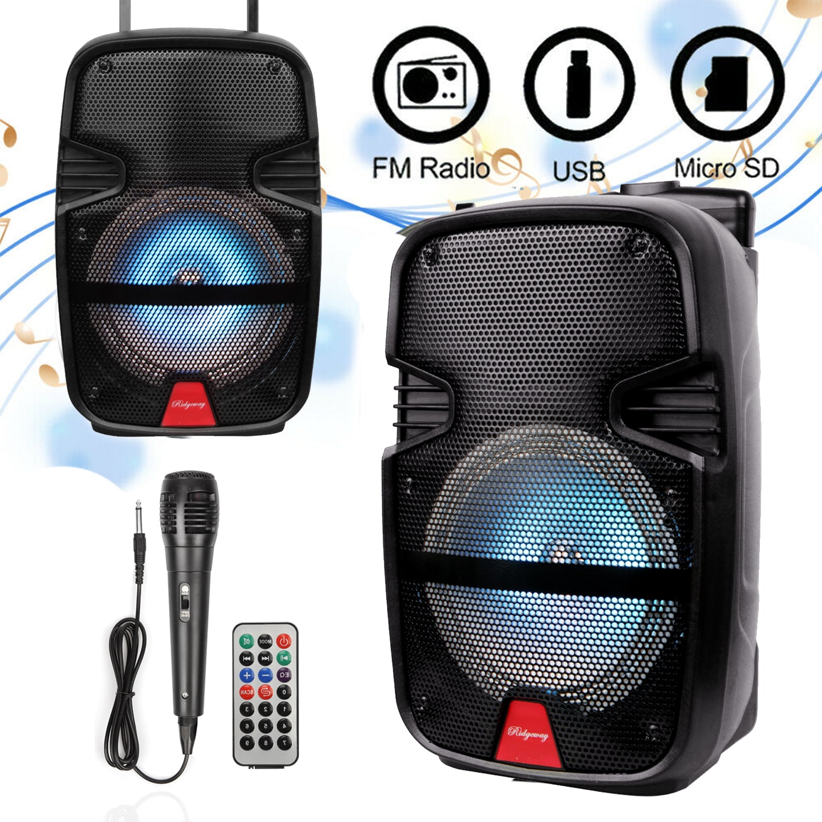Curuk Portable Bluetooth Portable Speaker 8" Woofer PA System w/ Mic RC LED Handle Wheels